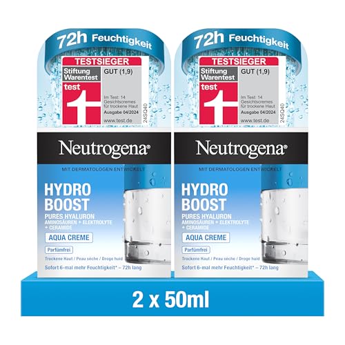 Neutrogena Hydro Boost Aqua Creme (2x50 ml), parfümfreie Gesichtscreme mit Hyaluronsäure, Aminosäuren, Elektrolyten und Ceramiden, intensive Gesichtspflege für glatte und geschmeidige Haut, Doppelpack