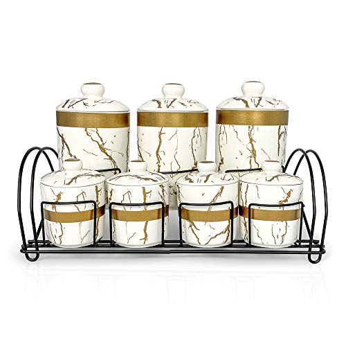 MK Crew 7 Piece Ceramic Canister Jar Set with a Stand and Airtight Lids White Marble and Gold Design Kitchen Food Storage Jars