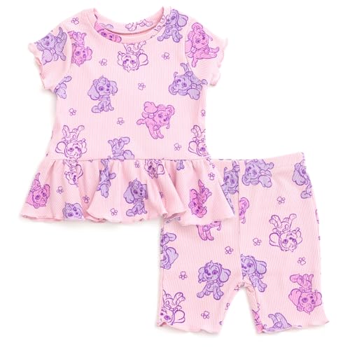 Paw Patrol Skye Toddler Girls Ribbed Peplum T-Shirt and Shorts Outfit Set Pink Skye 3T