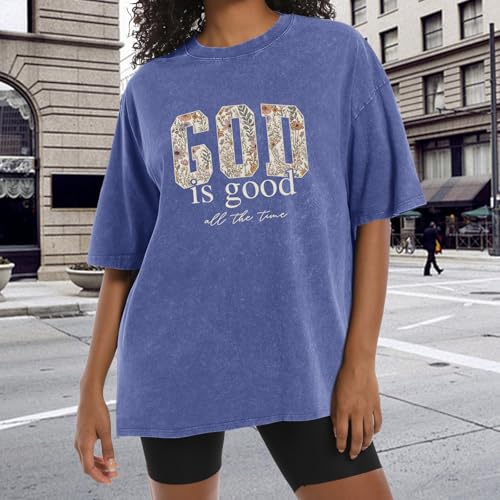 Image of Christian God is Good Shirts for Women Jesus Faith Religious T Shirts Floral Graphic Oversized Acid Washed Tee Tops