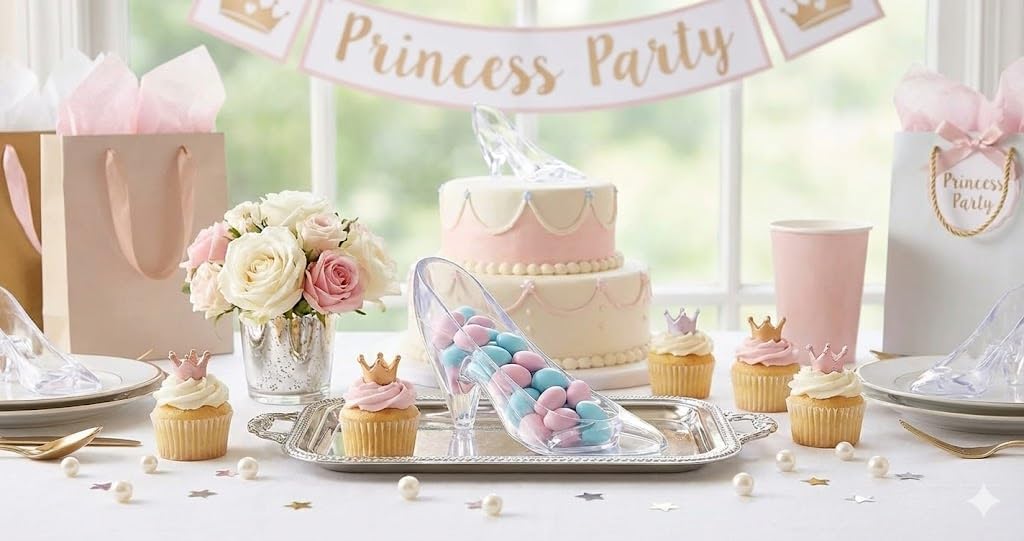 Mini Cinderella Glass Slipper Party Favors 6 Pack 4in Clear Plastic Oojami | Reusable Princess Shoe Candy Holders, DIY Fillable - Wedding, Birthday, Baby Shower, Quinceanera Centerpiece & Cake Topper