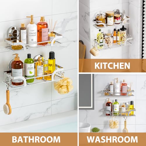 Image of LEVERLOC Shower Caddy Suction Cup 2 Pack, Shower Shelf for Inside, Large Capacity Bathroom Organizers and Storage, Rustproof & Waterproof Metal Bath Basket, No-Drilling, Heavy Duty, Silver