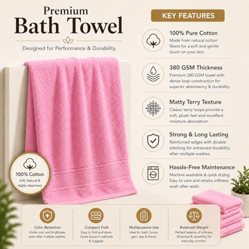 Image of 100% Pure Cotton Bath Towel for Men & Women | 380 GSM Ultra Soft, Highly Absorbent & Quick Dry Bath Towel | Large 55 x 28 Inch Matty Terry Towel for Bathroom, Gym, Travel & Daily Use | Pink