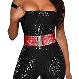 BODIY Women Stretch Wide Waist Belt Christmas Sequin Elastic Dress Belts Sparkly Waistband Cinch Belt (Red)