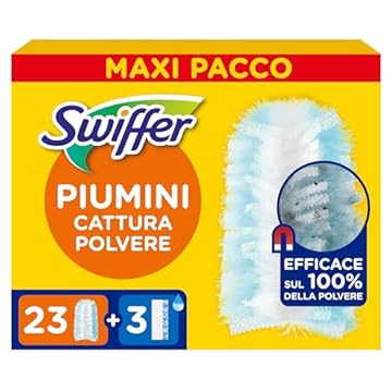 Swiffer Duster Piumini Cattura Polvere, 23 Piumini e 3 Panni Lavapavimenti, Cattura e Intrappola Polvere e Sporco, Raggiunge I Punti più Difficili della Casa, Maxi Formato