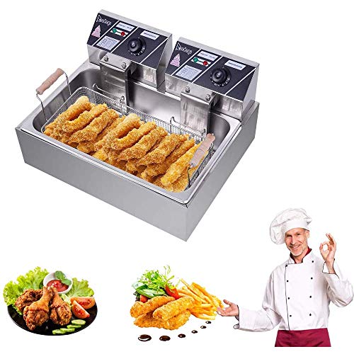 Professional Electric Deep Fryer, Countertop Kitchen Frying Machine, Stainless Steel French Fryer with Basket & Lid for Commercial Restaurant Countertop Family Food Cooking (Single Tank 12L)