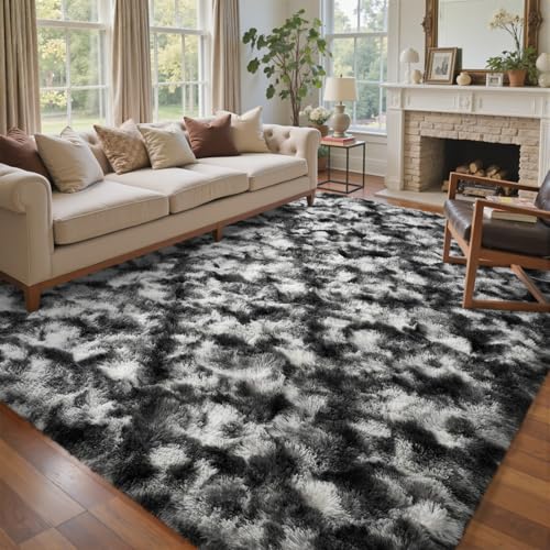 5x7 Ft Large Shag Rugs for Bedroom Living Room Decor for Men Boys, Tie Dyed Ultra Soft Fluffy Furry Area Rug for Indoor Floor, Aesthetic Carpet for Home Decor (Black Grey)