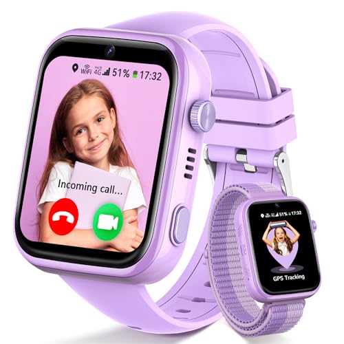 Fitnynxos 4G Smartwatch Kinder mit GPS und Telefon, Kinderuhr mit Videoanruf, SOS, Schulmodus, SMS, Sprachchat WhatsApp, Wecker, SIM, WiFi, IP68 Wasserdicht Schrittzähler Geschenk Mädchen/Jungen, Lila