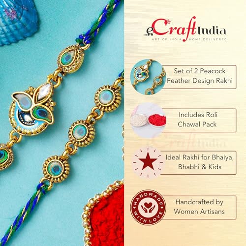 Image of eCraftIndia Set of 2 Beautiful Peacock Feather Designer Rakhis | Best Bro Ever Fridge Magnet | Roli Chawal Pack | Rakhi for Brother Bhaiya Bhai Bhabhi Kids