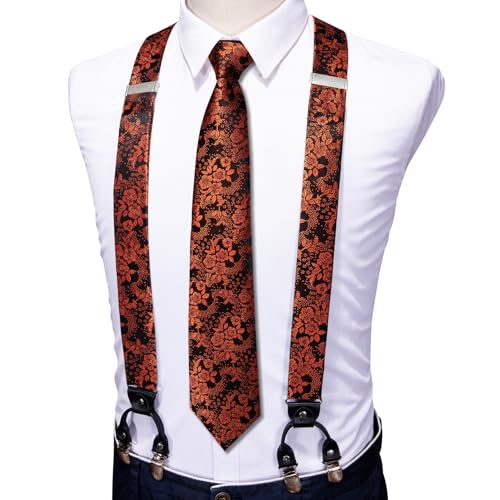 Image of Barry.Wang Men Suspender Set with Necktie Elastic Y Type Heavy Duty 6 Clips Braces Tie Handkerchief Cufflink Pin 6PCS