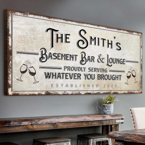 Tailored Canvases Bar Sign Custom Decor - Basement Bar and Lounge Proudly Serving Whatever You Brought - Canvas Wall Art Printable Personalized for Man Cave, Kitchen, Pub & Diner - Rustic Light, 20x10in