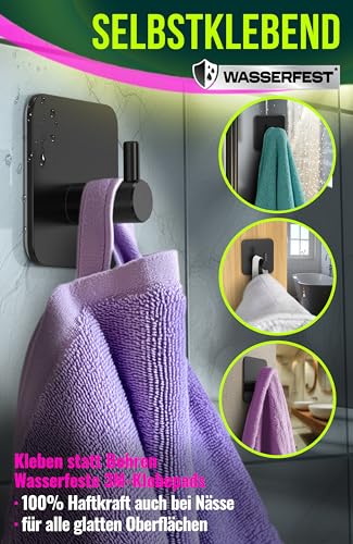 4happy Haken selbstklebend, 6er Stück, Klebehaken Edelstahl wasserfest, Handtuchhalter schwarz ohne Bohren, Selbstklebende Wandhaken als Handtuchhaken ohne Bohren, Ideal für Badzimmer