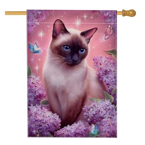 Bandiera da giardino floreale per gatti primaverili ed estivi, con fiori viola e lilla, decorazione per esterni, striscione in iuta su entrambi i lati per la decorazione del prato, 71 x 101 cm