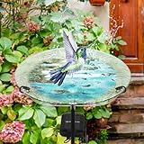 SUBOLO Bird Bath for Outdoors Solar Powered Glass Bird Bath Bowl with Metal Stake for Yard Lawn Garden Decorations, Transparent