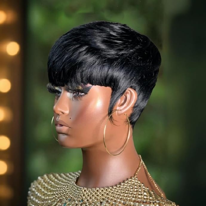 Miniatura 4 de Pelucas de cabello humano para mujeres negras, pelucas cortas de corte Pixie, pelucas cortas de corte de pelo en capas con flequillo, pelucas hechas