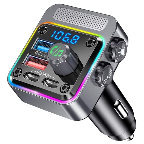 Gizmovine Transmisor FM Bluetooth Coche,Manos Libres Adaptador Bluetooth Radio Coche,Carga Rápida (USB C PD 36W QC3.0 18W),Mechero Accesorios Coche,Bass,Inalámbrico Reproductor Musica MP3