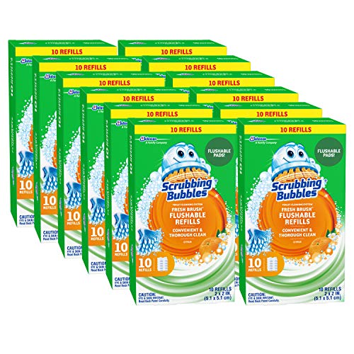 Image of Scrubbing Bubbles Flushable Toilet Bowl Wand Cleaner Refills, Fresh Brush Cleaner Toilet Refill Pads, Removes Limescale & Odors, Citrus Scent, 10 Count (Pack of 12)