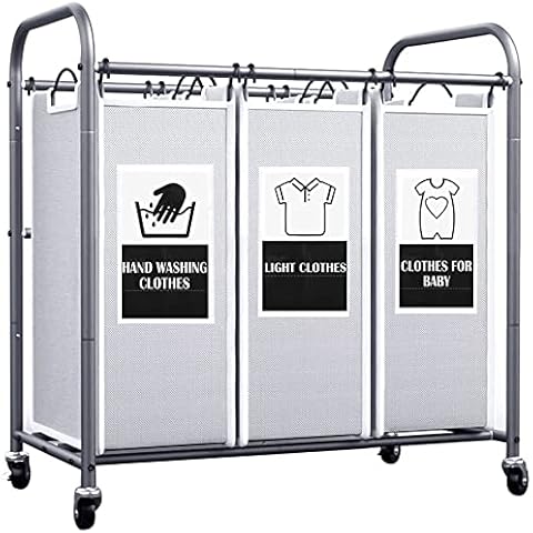 C&AHOME 3-Bag Laundry Sorter Cart, Laundry Basket Organizer Hamper, Removable Bags with 4 Sorting Cards and Heavy Duty Rolling Lockable Wheels for Clothes Storage, 29.6" L x 16.9" W x 31.5" H Grey Cover
