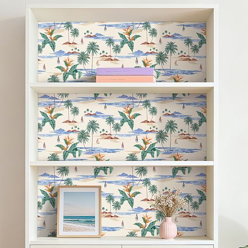 Livelynine Green Coastal Wallpaper Peel and Stick Beige Blue Green Palm Tree Tropical Beach Wallpaper Self Adhesive Ocean Vinyl Neutral Retro Beachy Coastal Contact Paper for Walls Removable 17.5x78.8