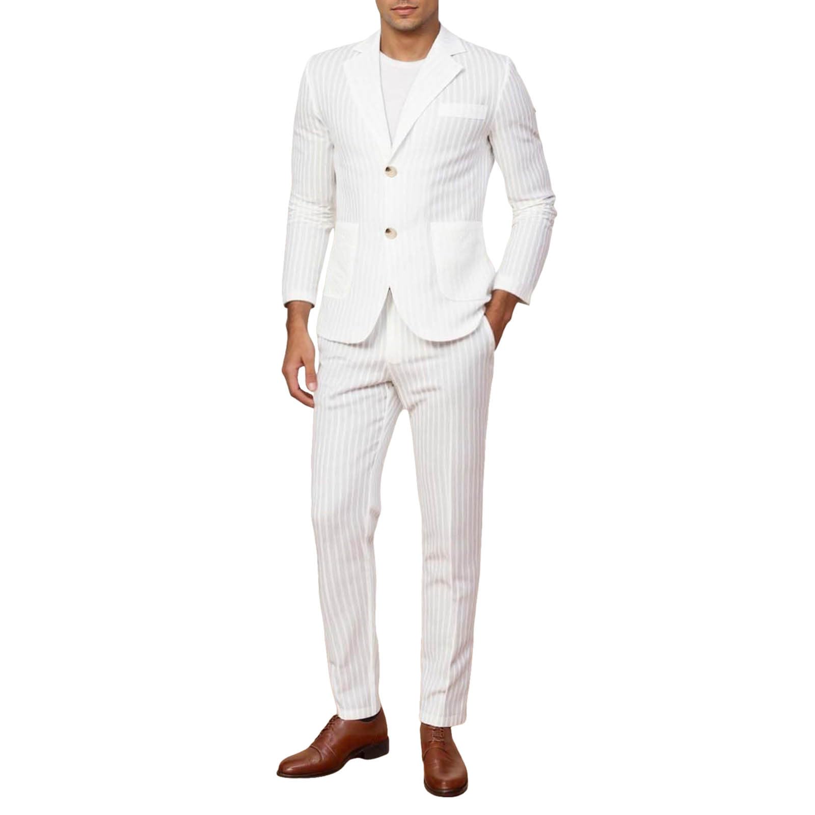 Completo da uomo, 2 pezzi, vestibilità normale, leggero, blazer e pantaloni, abito da uomo, classico, morbido, alla moda, estivo, spiaggia, matrimonio, smoking, ballo di fine anno, in lino