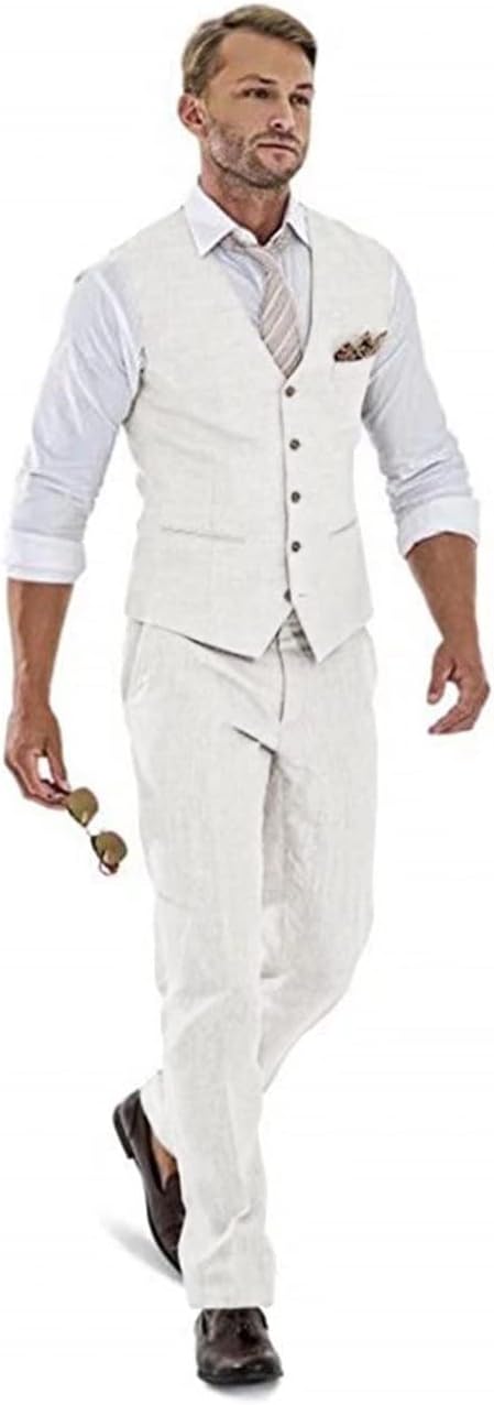 Casual Linen Beige Men's 2 Piece Suits Wedding Suits Slim Fit Groomsmen Tuxedos Summer Linen Vest Pant X-Small Ivory
