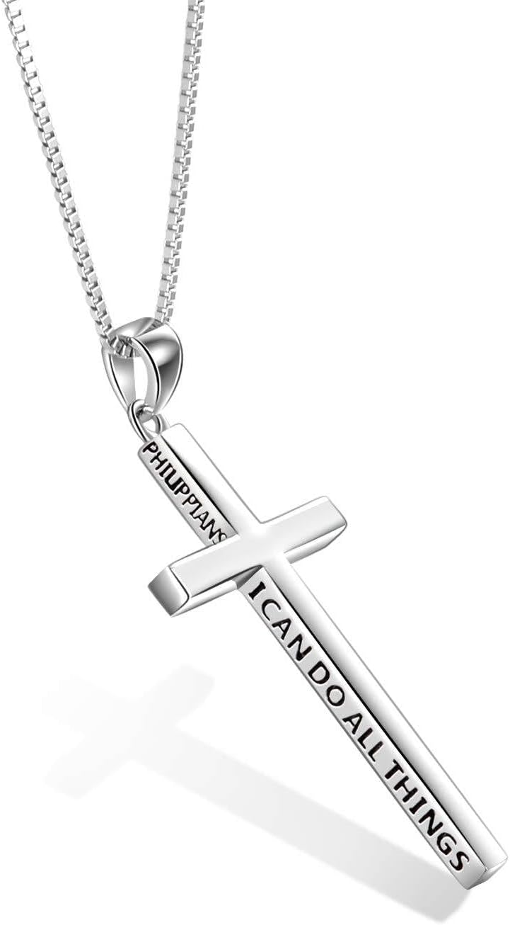 POPLYKE Kreuz-Halskette, 925er-Sterlingsilber, Philipper 4:13 I Can Do All The Things, inspirierende Halskette, Geschenke für Damen und Herren, 50,8 cm + 5,1 cm