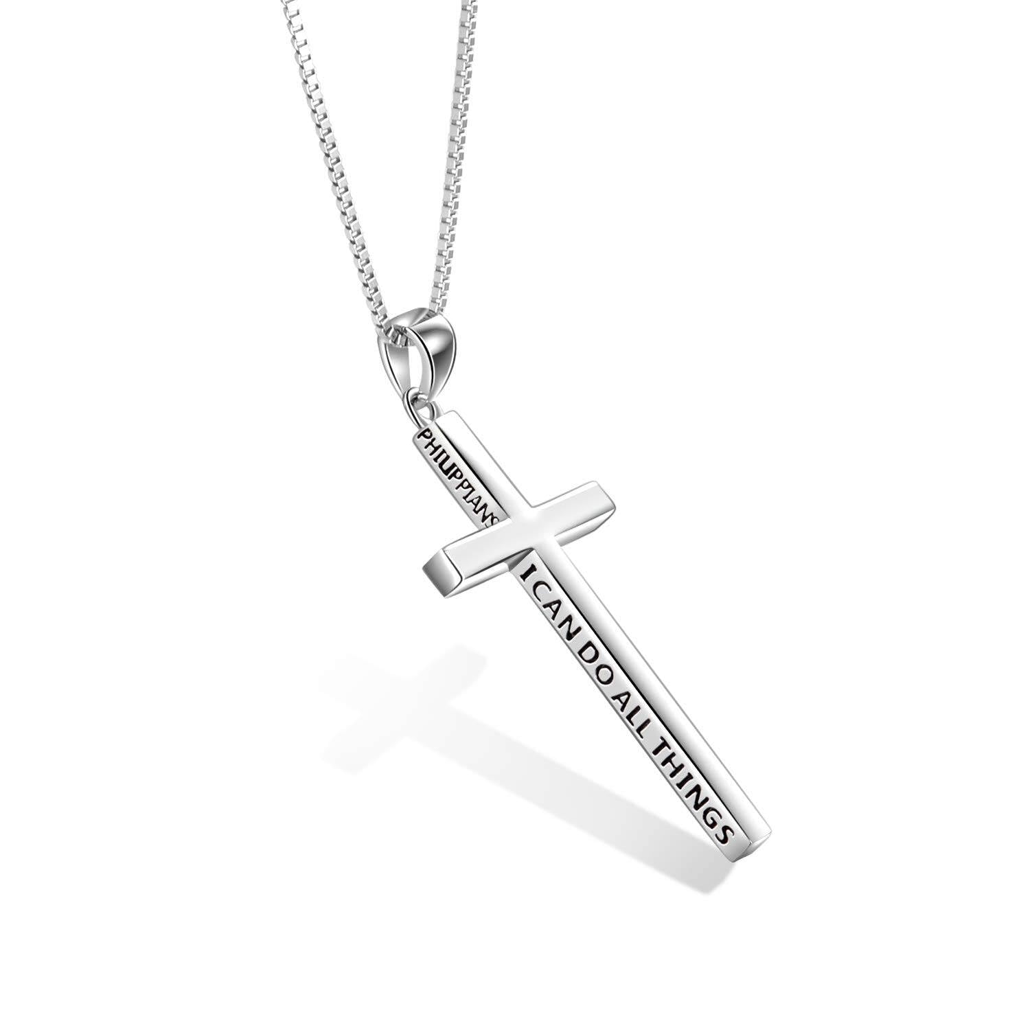 POPLYKE Kreuz-Halskette, 925er-Sterlingsilber, Philipper 4:13 I Can Do All The Things, inspirierende Halskette, Geschenke für Damen und Herren, 50,8 cm + 5,1 cm