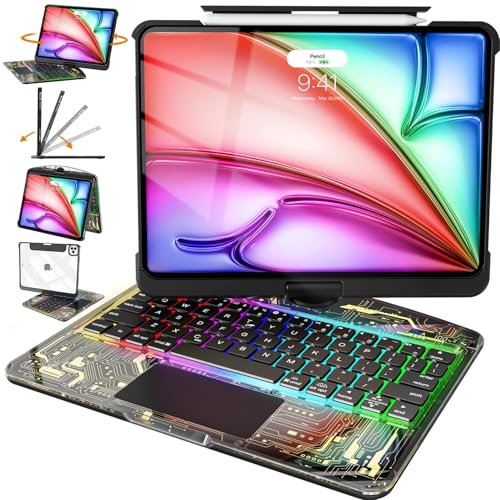 Image of Intermerge for iPad A16 11th (2025) & 10th Generation 10.9 inch Case with Keyboard, 360 Deg Transparent Multi-Touch Trackpad, 7-Color RGB Keyboard, Pencil Holder, Type-C, Shadow Pulse