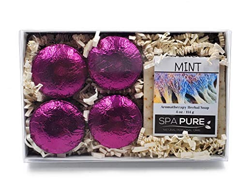 Spa Pure Aromatherapy Gift Set - Lavender Mint Artisan Soap & 4 Shower Steamers - Made with Plant Based Ingredients - Cotton Shower Bag & Soap Bag