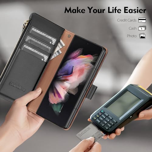Shieldtop AZ-GALAXY Z FOLD 3 5G-01 For Samsung Galaxy Z Fold 3 5G Wallet Case With S Pen Holder,Women Man Rfid Blocking Pu Leather Flip Cover Wrist Strap Zipper Credit Card Holder Slots,Phone Case thumb #5