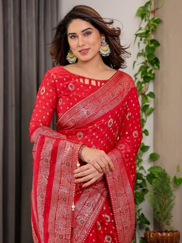 Image of ALMAARI FASHION Fendy Satin Foil Print Floral Saree with Tassels, Traditional Butti Motifs, 5.5m with 0.8m Blouse (FOIL 102 RED H)