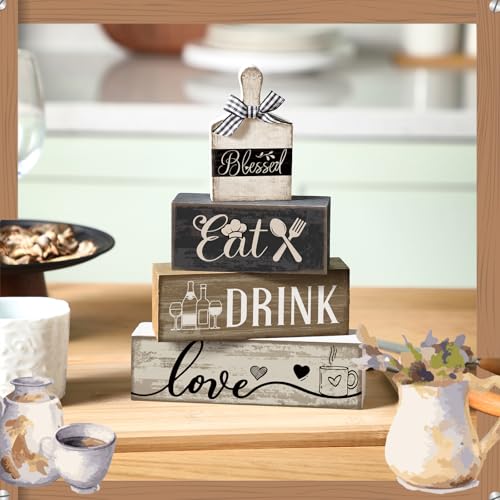 Image of Moucuny 4 Pcs Farmhouse Kitchen Decor Wooden Plate Farmhouse Table Decor Black Brown and White Plate Tableware Centerpiece Rustic Decorative Plates Block Sign for Display Cabinet Kitchen Decoration