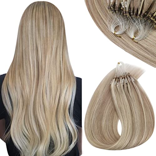 Micro Loop Human Hair Extensions #18 Dark Ash Blonde Mixed #613 Bleach Blonde Highlight Real Remy Human Hair Micro Ring Hair Extensions 1g/s,50g/pack 24inch