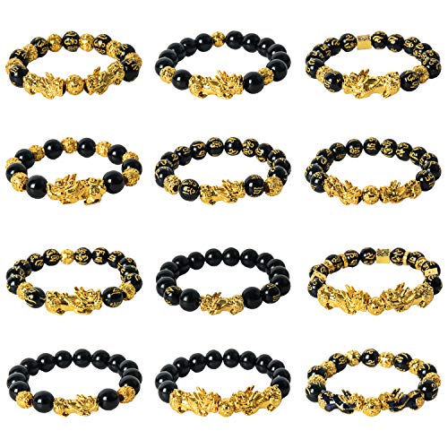 NEWITIN 12 Pieces Feng Shui Bracelets Lucky Charm Bracelet Lucky Charm Amulet Bracelet Pi Xiu Hand Carved Bracelet for Men and Women