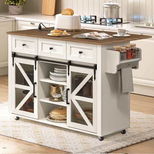 RALGEND Kitchen Island with Storage, 55' Kitchen Cart with Charging Station, Rolling Kitchen Island Table with Drop-Leaf, 3 Drawers, Barn Doors, Towel Rack and Spice Rack, White and Walnut