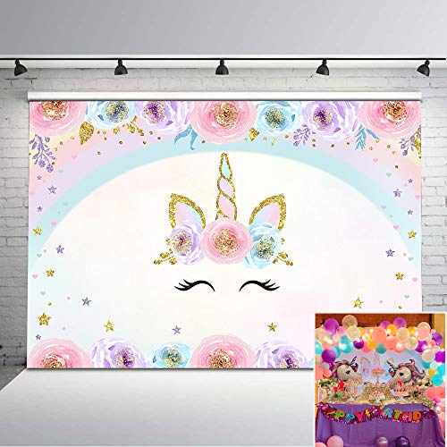 Mocsicka Unicorn Birthday Backdrop Unicorn Rainbow Birthday Party Vinyl Background 7x5ft Floral Unicorn Glitter Stars Photography Backdrops Cake Dessert Table Decorations Supplies