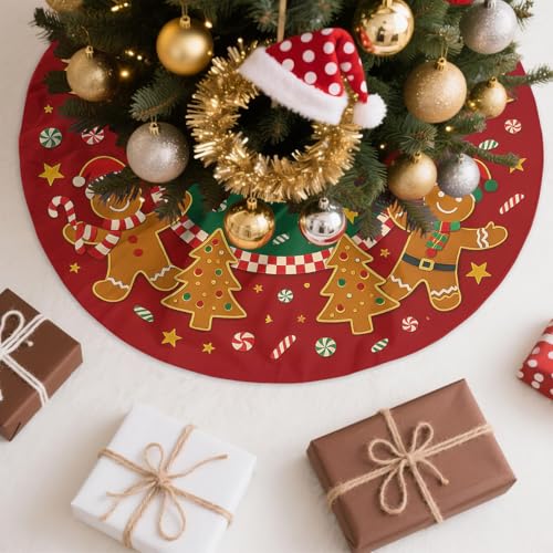 Christmas Tree Skirt 30 Inch, Gingerbread Red Candy Cane Cookie Xmas Tree Skirt Christmas Decorations Holiday Party Indoor Outdoor Home Decor - Thumbnail 6
