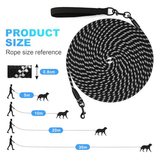 Schleppleine 30m für Hunde, 5m 10m 20m 30m Hundeleine für Mittlere Große Hunde mit Gepolsterter Griff (Schwarz)