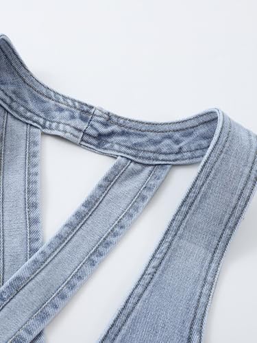 Women's Summer Jean Vest Sleeveless Cross Backless Vintage Denim Vest Top Lapel Button Cropped Waistcoat4