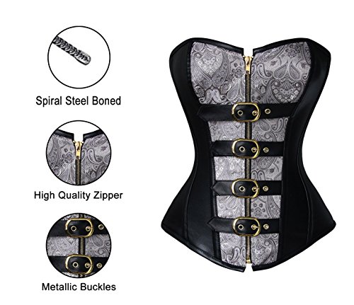 Charmian Women's 12 Spiral Steel Bones Steampunk Vintage Faux Leather Zipper Overbust Corset Zipper-Black Xx-Large #TOP3