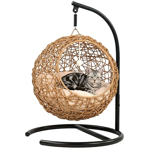 PawHut Panier pour chat en rotin avec coussin lavable et balle de jeu, panier suspendu avec armature, niche pour chats jusqu'à 10 kg, 45 x 41 x 75 cm, marron clair