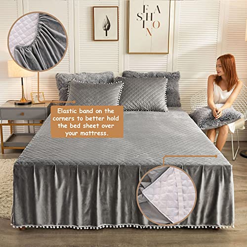 Liferevo Luxury Pom Poms Velvet Bed Skirt, Velvet Wrap Around Bed Skirt, Diamond Quilted Fitted Bed Sheet Bedskirt, 18 Inch Drop Dust Ruffle Decorative Bed Skirt Pompoms Fringe(Twin/Twin Xl, Gray) #TOP7