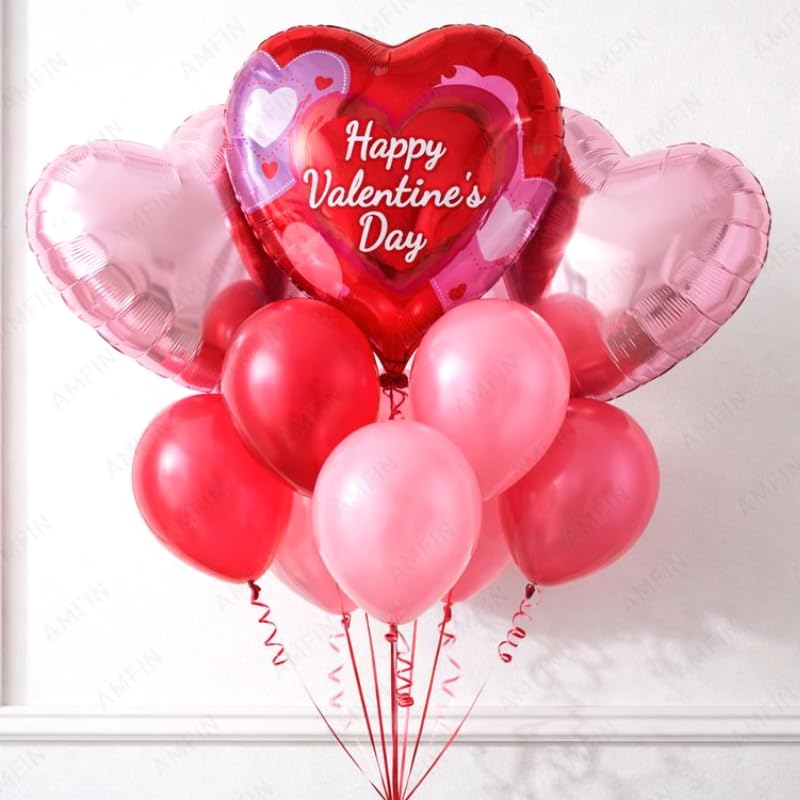 Image of AMFIN (Pack of 9) Happy Valentine's Day Balloon Decoration Set | Romantic Heart Foil Bouquet Metallic Helium Bunch Proposal Anniversary Celebration Party Decor - Red Purple