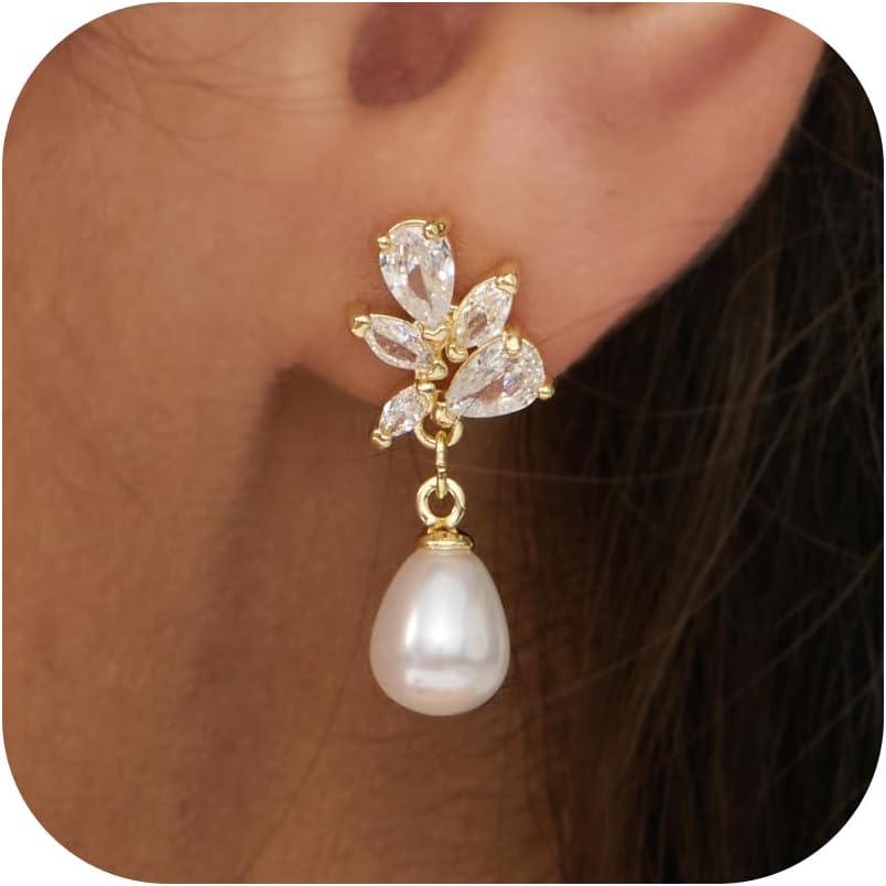 Pearl Earrings for Women - 14K Gold/White Gold Plated Drop Dangle Pearl Wedding Ear...