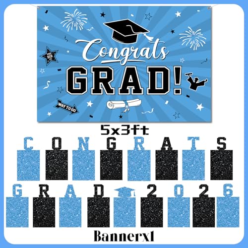 Image of 2026 Graduation Decorations, Light Blue Themed Class of 2026 Decorations Set, Congrats Grad Backdrop,Photo Banner,Door Banner,Balloons and Pom Poms Supplies for High School College Graduation Party