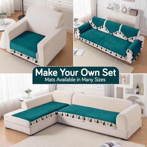 Image of HOKIPO Sofa Cover Mat with Tassel for 1 /2 /3 Seater & L Shape Sofa | DIY Sofa Cover Set | Dyed Holland Velvet | 'TasselTone Series' 70(W) x 170(L) cm |Teal (NEW-IN-1108-TL)