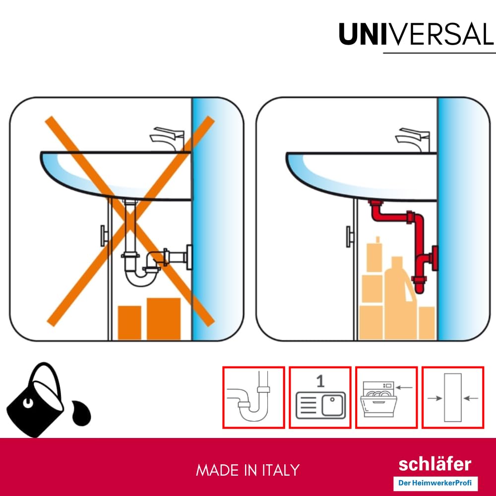 Schläfer 4395025 | Siphon universel 1"1/2 pour éviers – sortie diam 40 mm, set siphon en S en plastique, échappement évier autonettoyant économe en place pour évier simple avec fixation lave-vaisselle