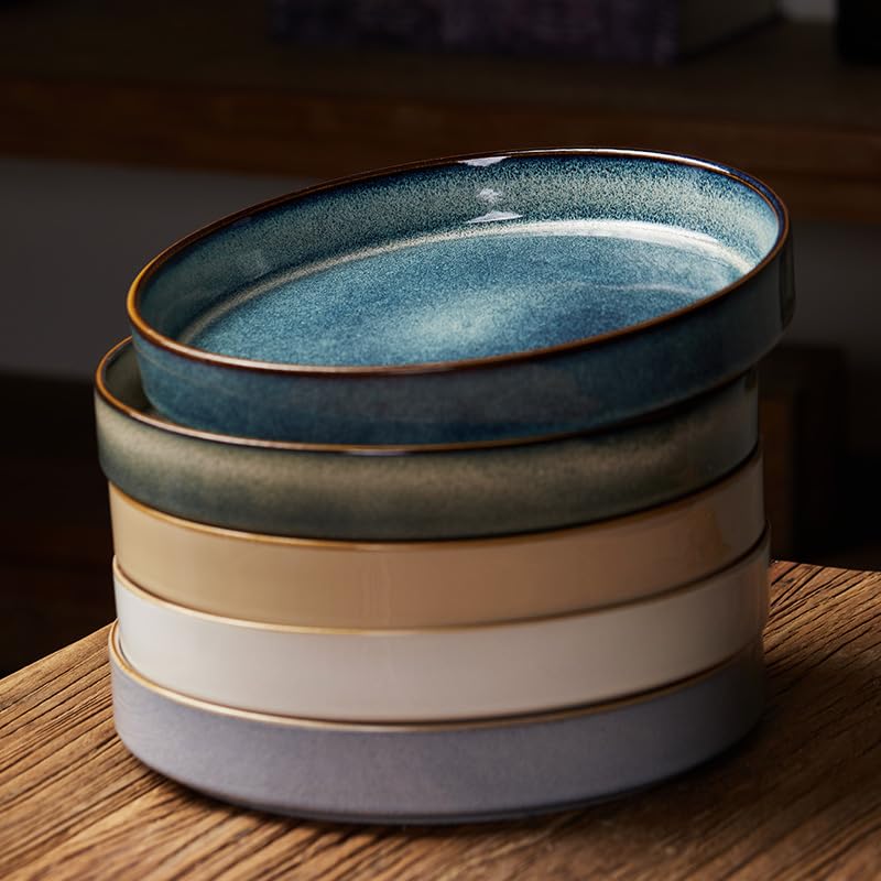 Platos para cocina de cerámica de 8.75 pulgadas, plato creativo retro, plato de sopa occidental, plato hondo para comer (5 piezas)