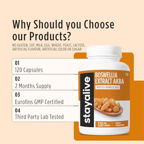 STAY ALIVE Boswellia Serrata Extract Capsules 1000mg with AKBA and 65% Boswellic Acid, 12:1 Resin Extract Powder, 120 Count for 2-Month Supply, Non-GMO and Gluten-Free Boswellia Supplement