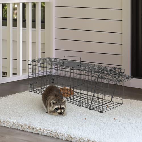 Outopee Live Animal Cage Trap, Folding Humane Cat Trap with Handle for Rabbits, Stray Cats, Squirrels, Raccoons, Skunk, Mole, Groundhogs and Opossums, 61x19x21cm, Black